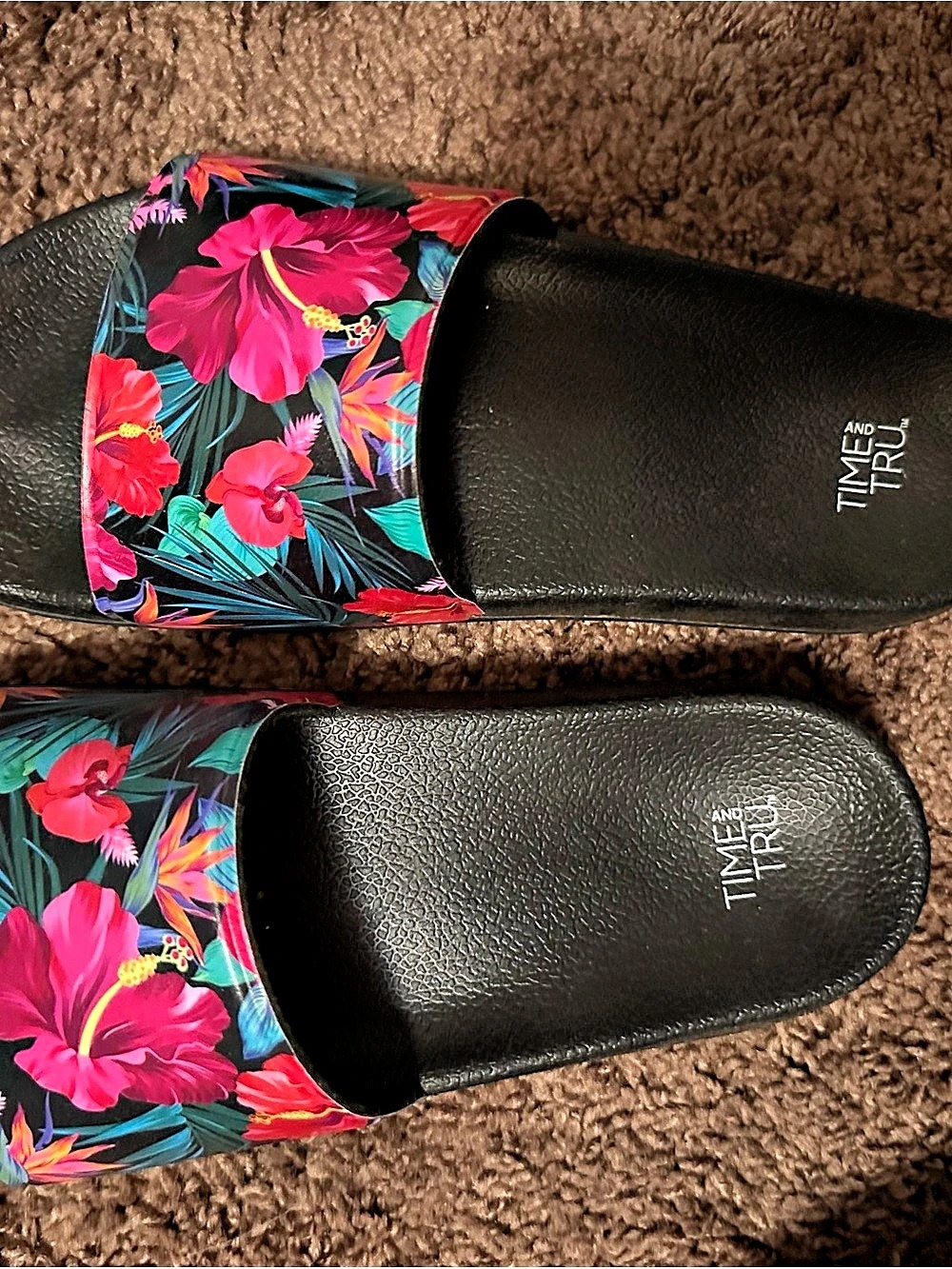 Time and Tru Women's Floral Slide Sandals Black & Pink